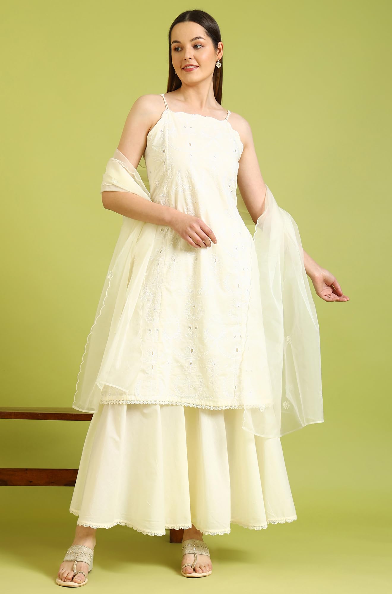 W for Woman White Embroidered Pure Cotton Straight Spaghetti Kurta and Sharara Set with Dupatta (Size: 3XL)-WS12331-400798