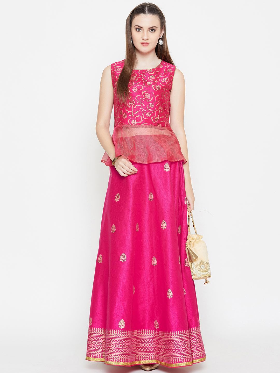 studio rasa Women's Dupion Block Printed Bias Skirt for Festive Wedding Party (SKTOC419RC170L_Pink_Large)