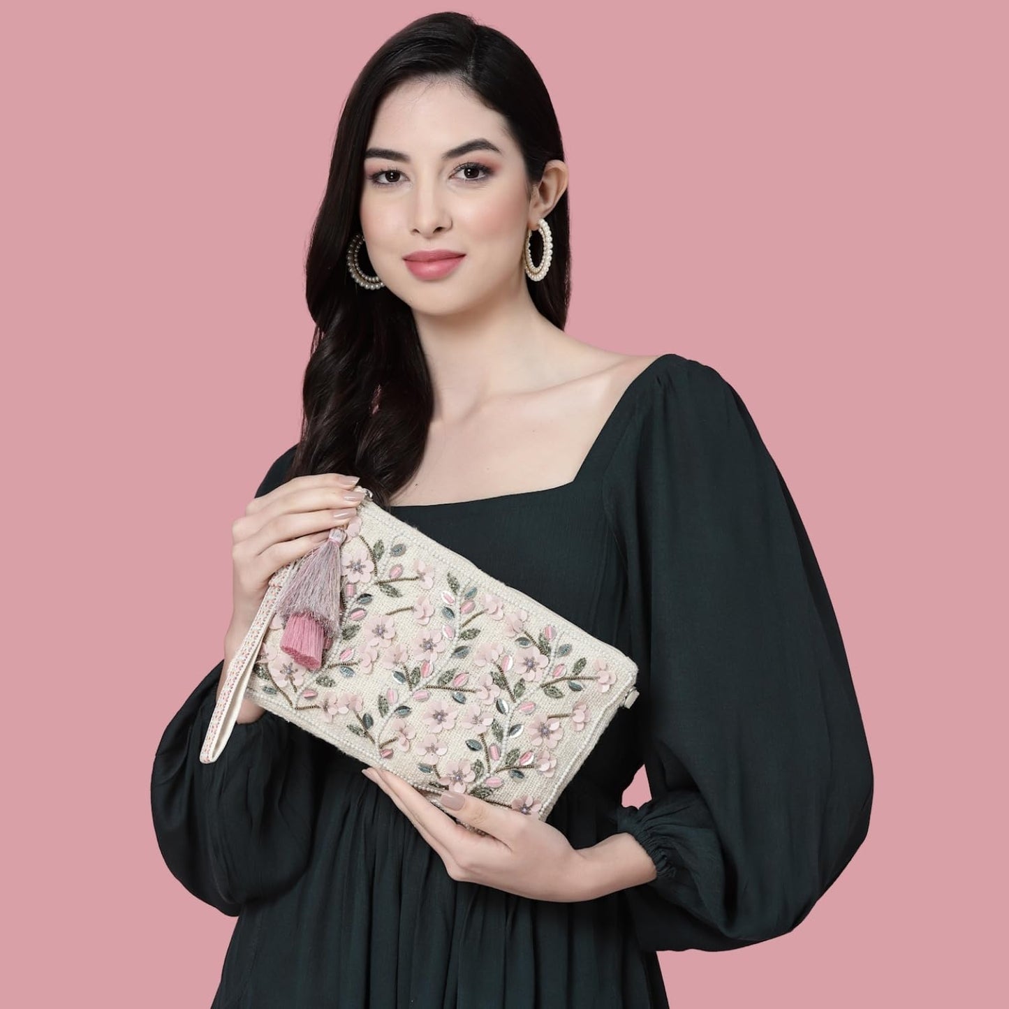 Anekaant Boho Sling Bag for Women | Ethnic Handmade Embroidered Cotton Sling Bag with Floral Bead Work & Tassels | Party Embellished Crossbody Bag