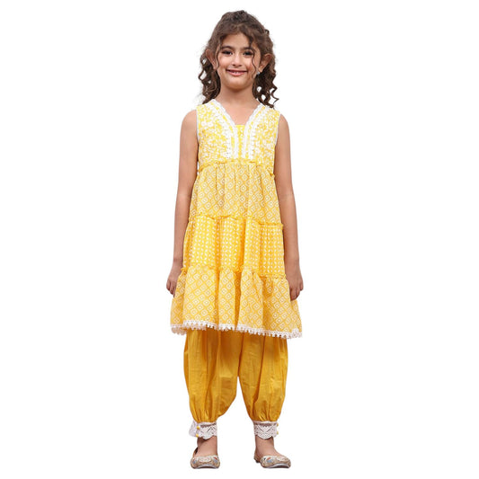 Biba Girl's Yellow Cotton Tiered Printed Kurta Salwar Set