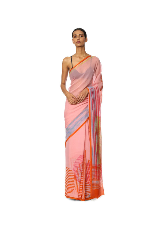 Satya Paul Chiffon Pink Soft Printed Silk Saree