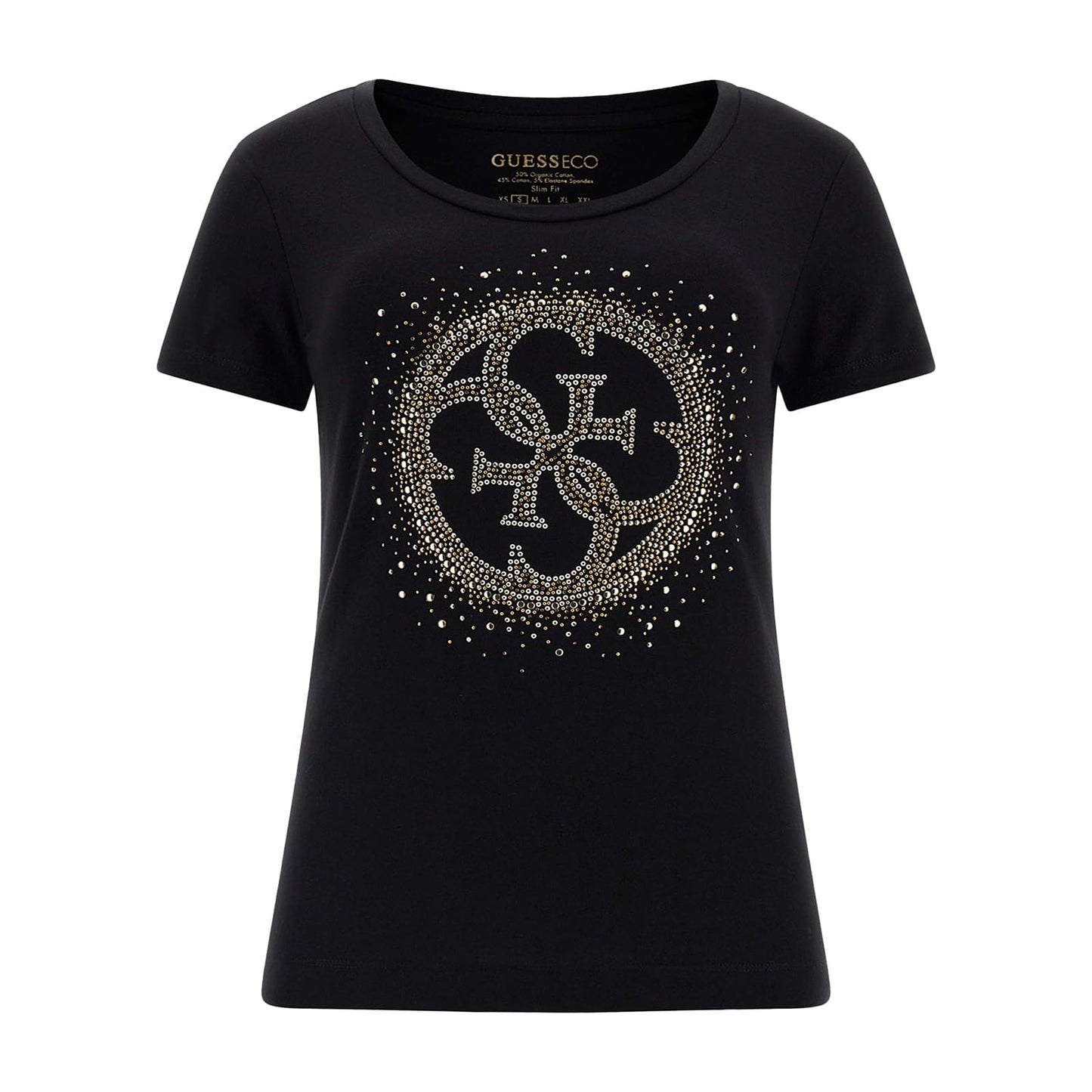 GUESS Women Black Embellished Round Neck Short Sleeves T-Shirt