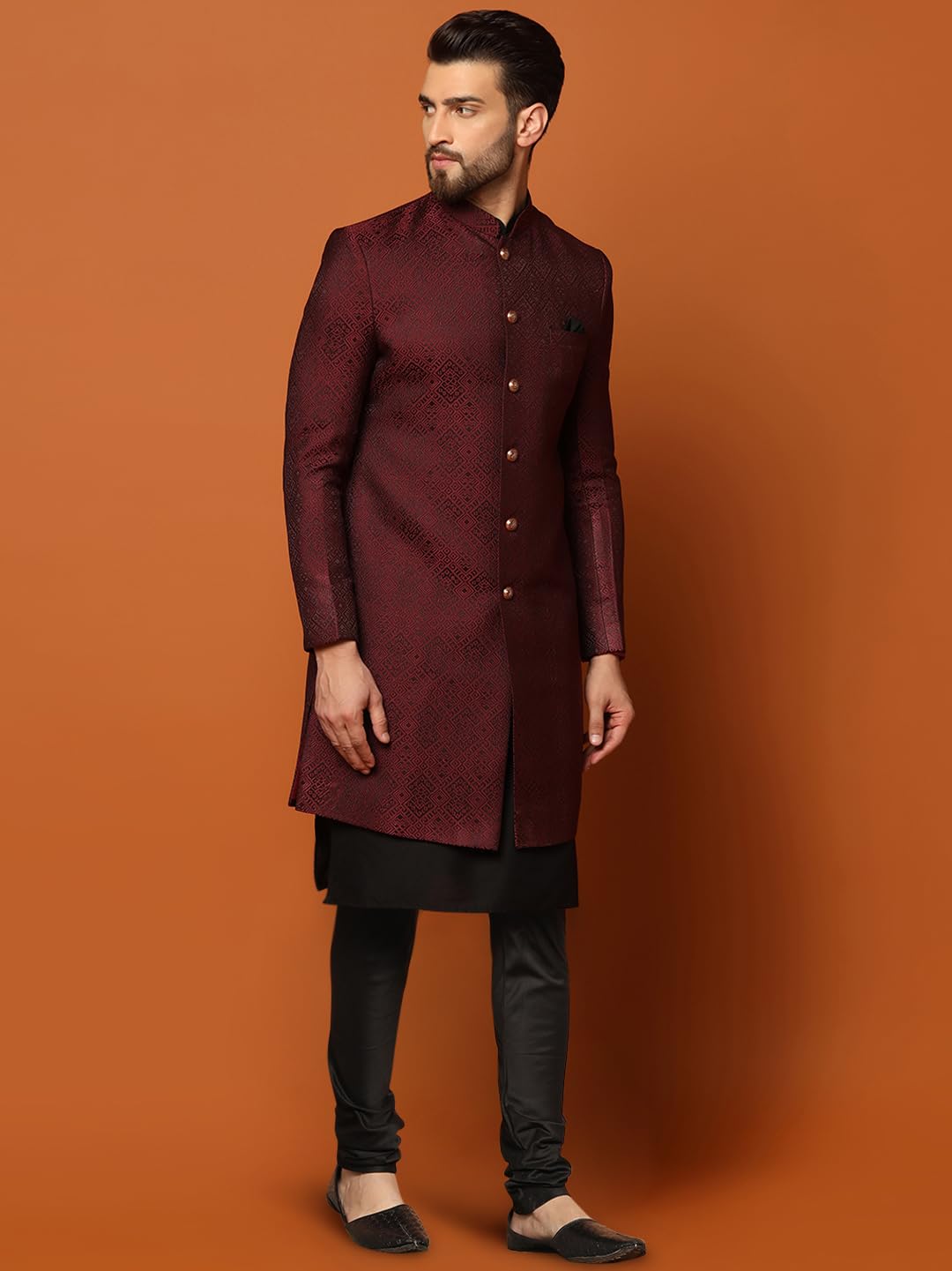 KISAH Mens Kurta Sherwani Churidar Set Silk Blend Jacquard, Indo-Western Ethnic Wear for Men, Maroon, 44
