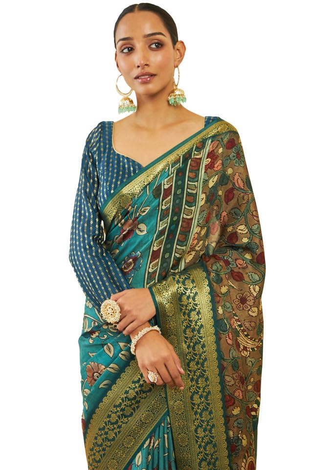 Soch Womens Turquoise Blue Crepe Saree With Floral Kalamkari Print And Zari Borders