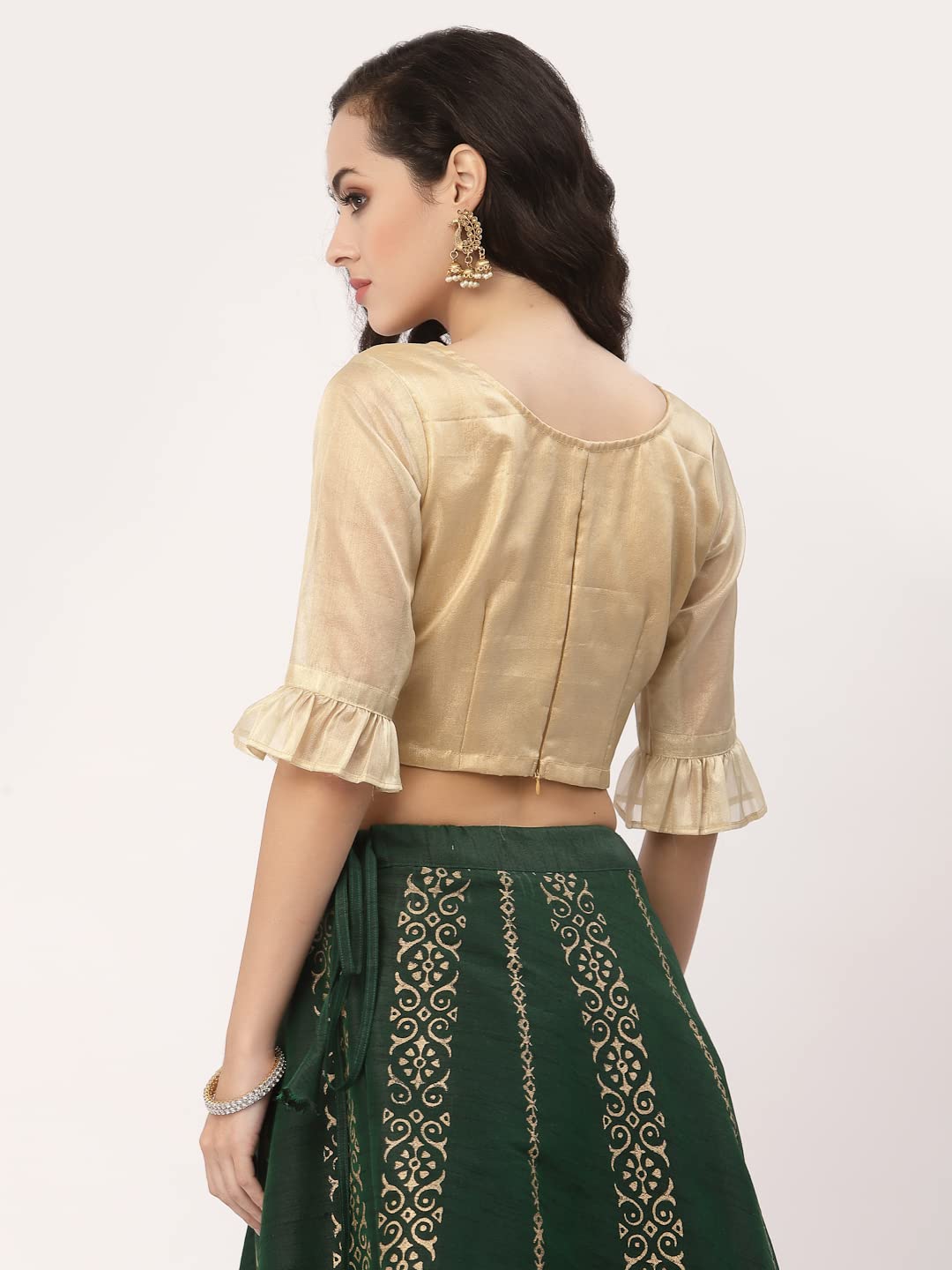 studio rasa Women's Silk Tissue Sheer Sleeves Readymade Saree Blouse for Wedding Festive Party (TPWC42267BL_L_Gold_Large)