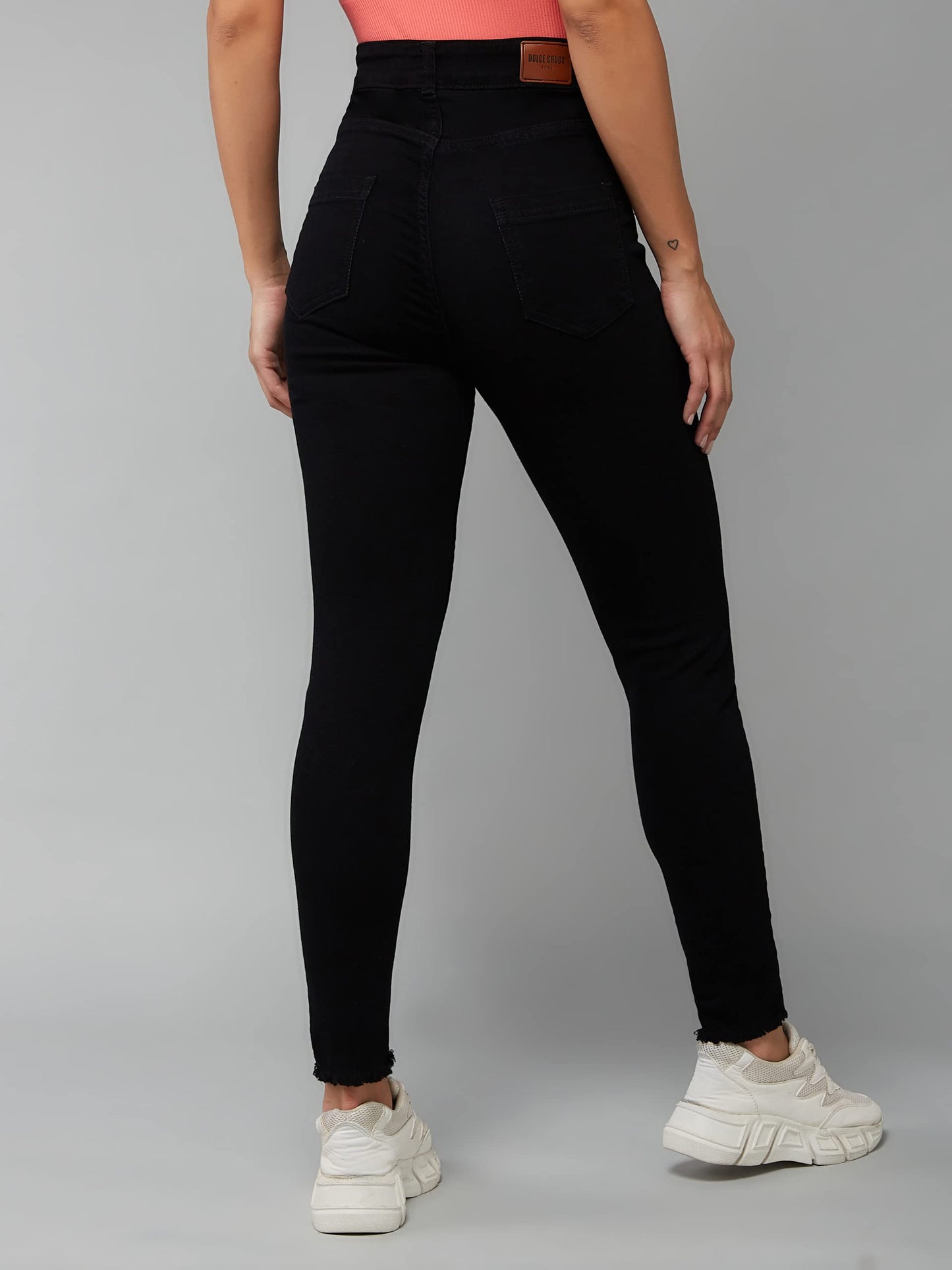 Dolce Crudo Women's Skinny Fringed Detailing High Rise Cropped Stretchable Denim Jeans (DOAW18DEN02-76-380-38, Jet Black, 38)