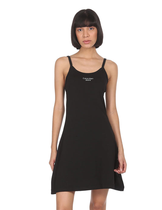 Calvin Klein Women's Cotton A-Line Above The Knee Dress (J20J219643BEH_Black_S)