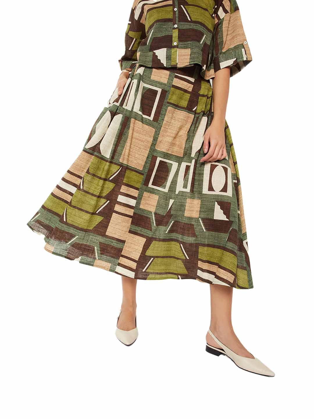 Max Women Printed A-line Midi Skirt (Green_L)
