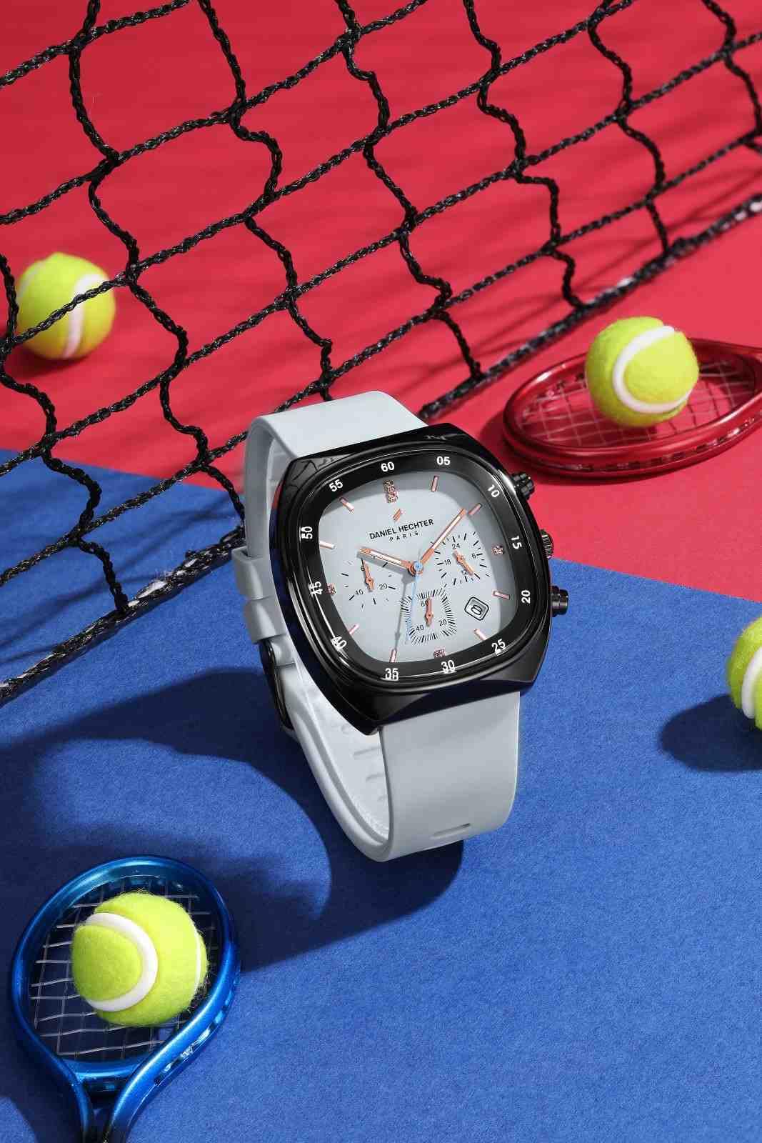 Daniel Hechter Paris Bercy Collection Modern Multi Functional Watch for Men with Square Dial and Silicon Band-DHM1001 (Dial: Black Strap: Grey)