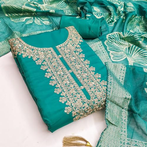 Leeli Peeri Designer Women's Roman Silk Embroidery Work Unstitched Salwar Suit Dress Material