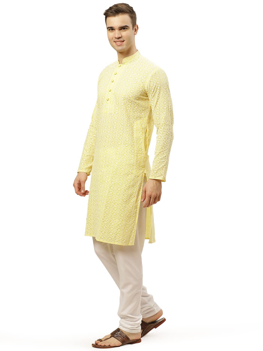 Jompers Men's Yellow & White Embroidered Straight Kurta Pyjama Set. (Yellow, L)