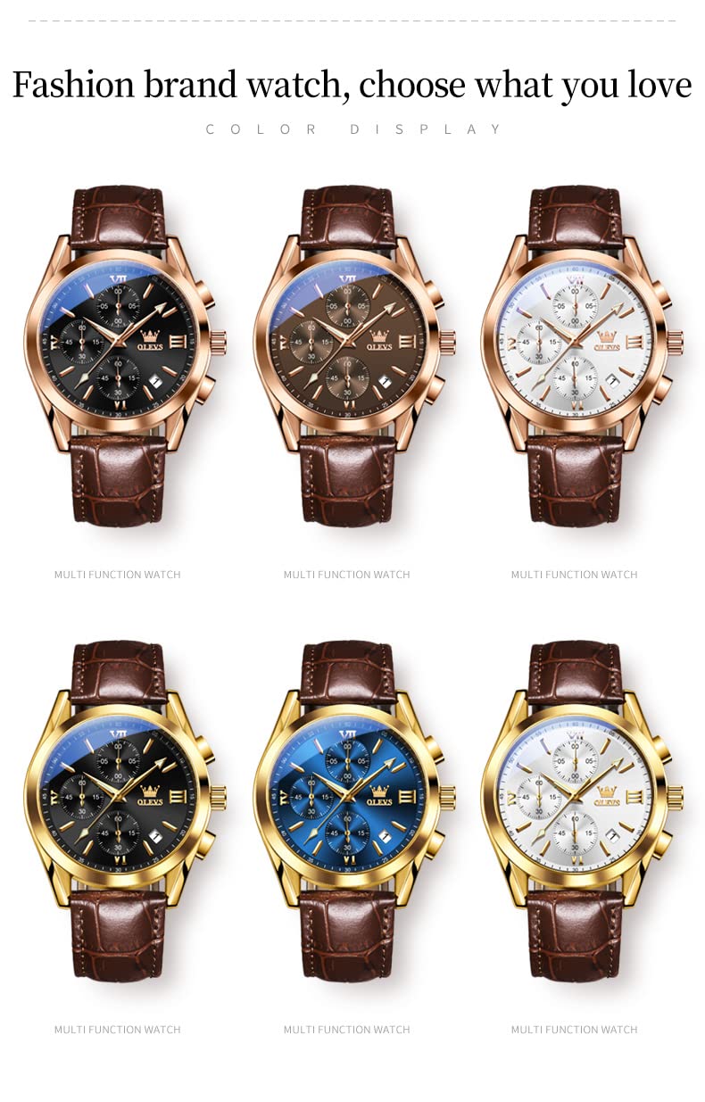 OLEVS Mens Leather Watches Casual Brown Face Leather Band Watches for Men Big Face Analog Chronograph Watch Men with Date Fashion Dress Waterproof Sport Business Men's Wrist Watch relojes para hombres