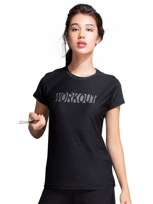 Clovia Women's Gym/Sports Text Print Activewear T-Shirt (AT0112P13_Black_XXL)