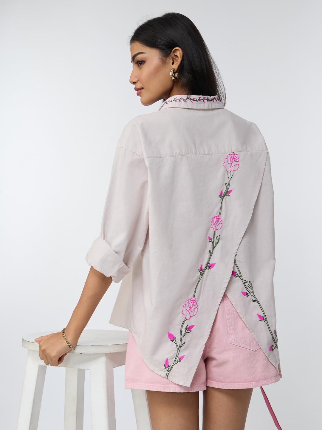 The Souled Store Cotton Linen Shirt: Roses Women and Girls Long Sleeves Collared Neck Button-Down Embroidered Oversized Fit Lightweight Comfortable Summer-Ready Boyfriend Shirt