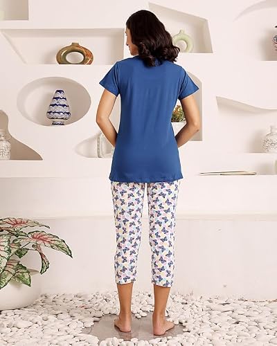 BODYCARE Women's Cotton Printed T-Shirt and Capri Set | Soft & Breathable Nightwear | Short Sleeves | Loungewear Co-Ord Set| BSCS16045_100 Multicolour