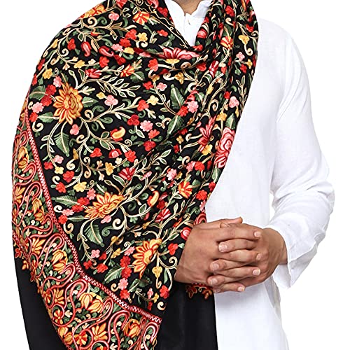 SWI WITH LABEL Men's Kashmiri Aari Embroidered Wool Shawl (I5222_Black_Free Size)