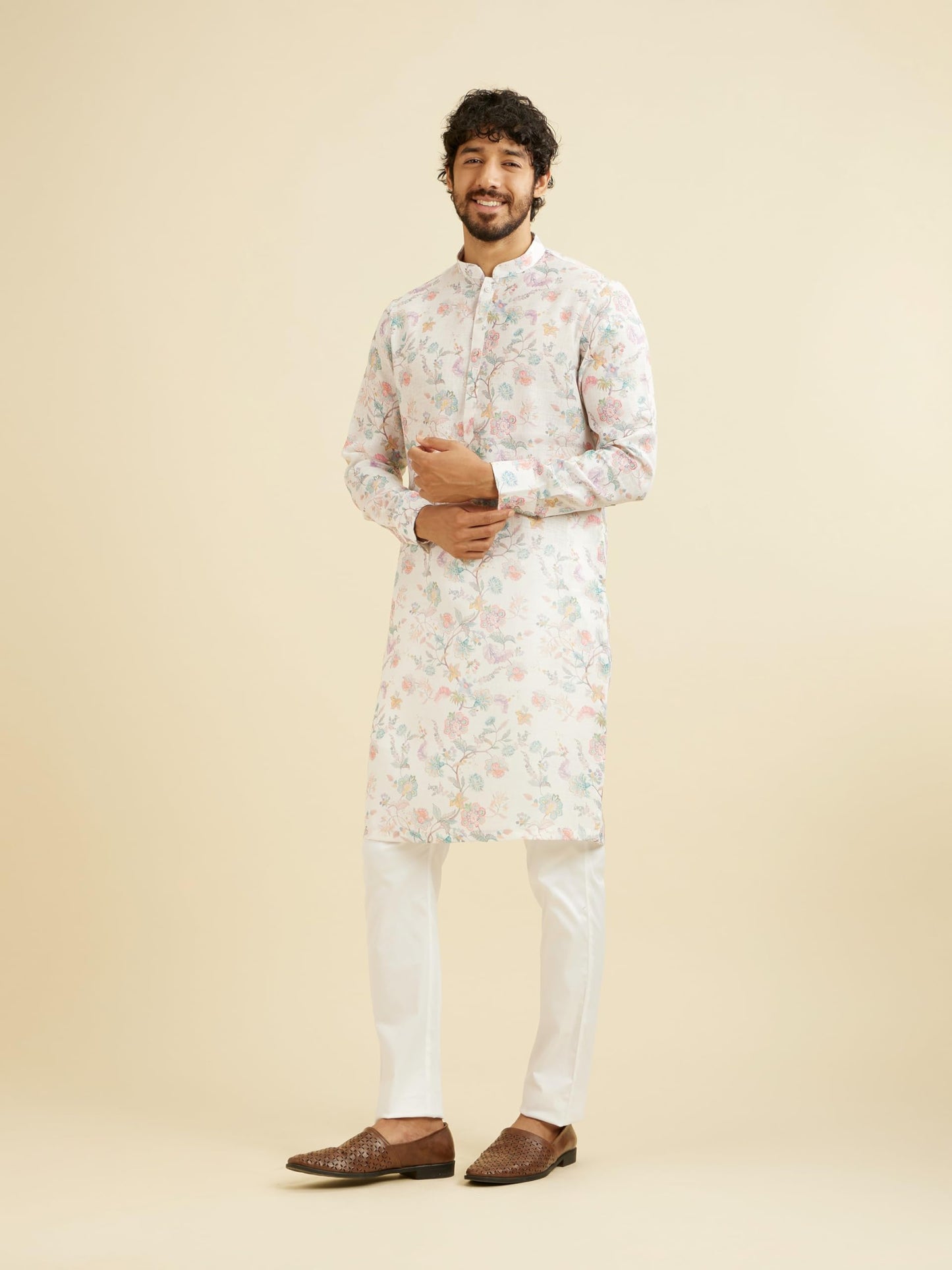 Manyavar Men's Cotton Blend Floral Print Long Kurta (White,L)