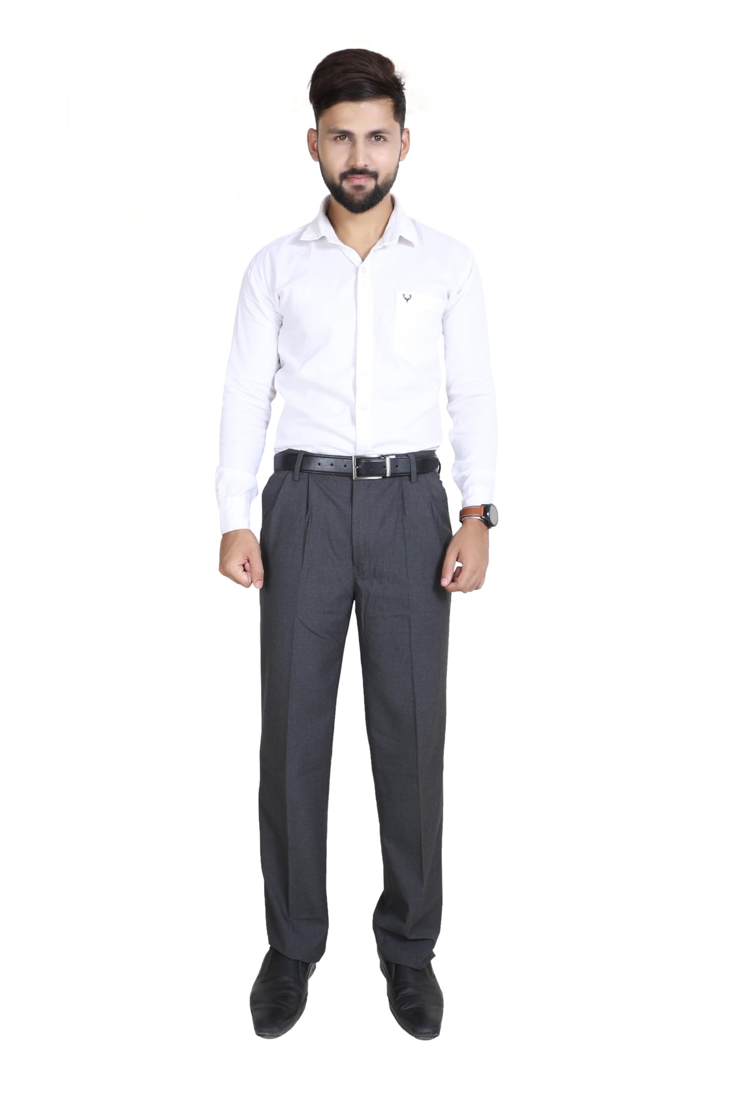 Particle Men’s Double-Pleated Regular Fit Formal Trousers – Textured Salt & Pepper Melange – Structured Cotton Blend Pants (Waist 32-46), Slate Melange Grey, 46