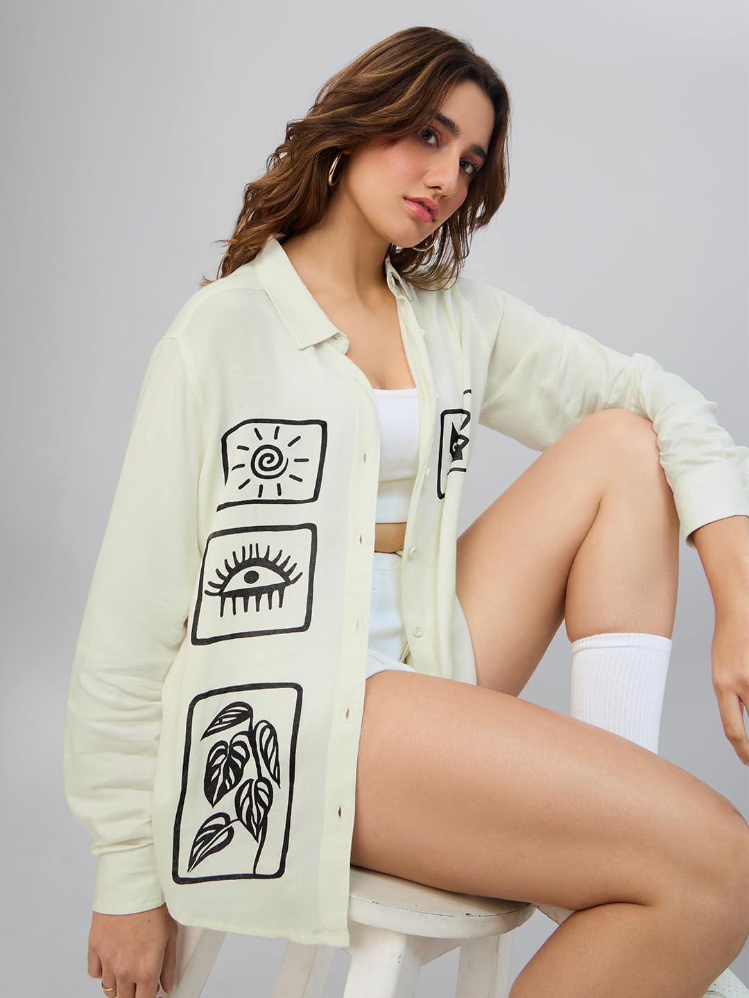 The Souled Store Originals: Minimalistic Women and Girls Long Sleeves Collared Neck Button Front Printed Regular Fit Cotton Shirt