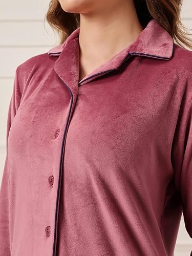 Clovia Women's Velour Button Down Shirt & Pyjama Set (LSW774R22_Pink_S)