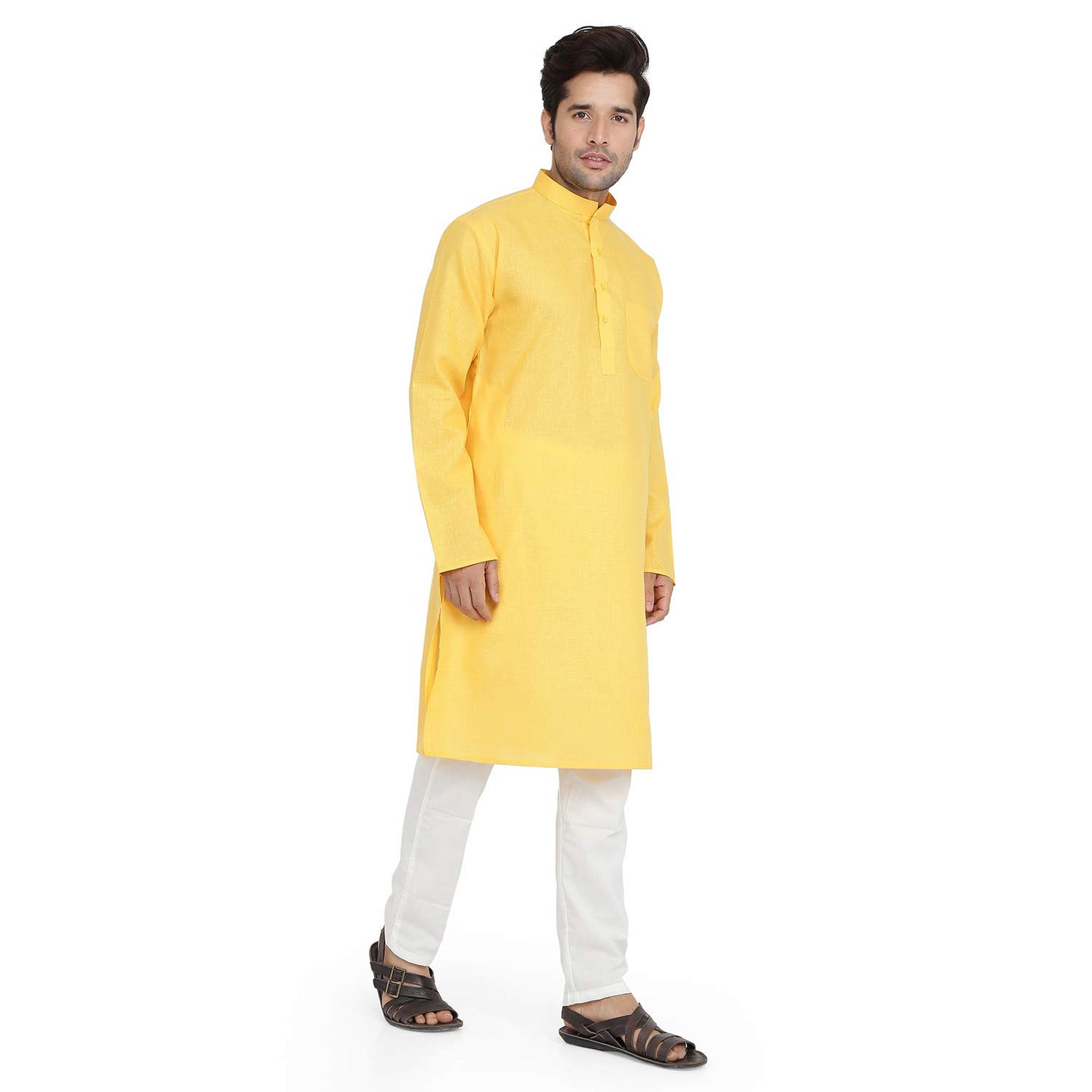 Royal Kurta Mens Linen Kurta Pyjama Set Yellow 40