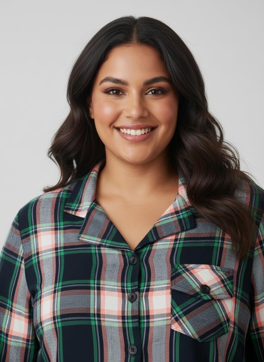 Angoori Fashion Women's Plus Size Plaid Shirt, Brown Black White Check Pattern, Button-Down with Chest Pocket, Roll-Up Sleeves (in, Alpha, M, Regular, Multicolor)