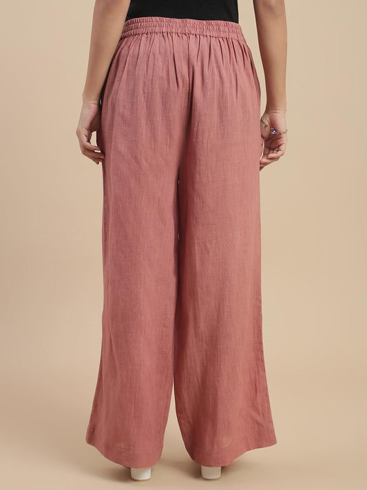 De Moza Women Regular Fit Straight Palazzo - Peach | 100% Cotton Slub | Mid Rise | 2 Pockets | Casual & Office Wear