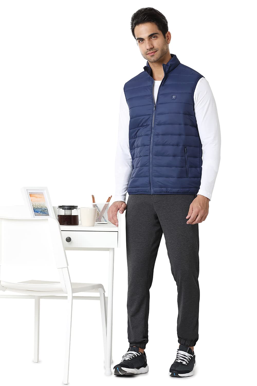 Van Heusen Athleisure Men Woven Jacket - 100% Nylon - Extra Warm, High Neck, Zip Front, Sleeveless_80005_Navy_L