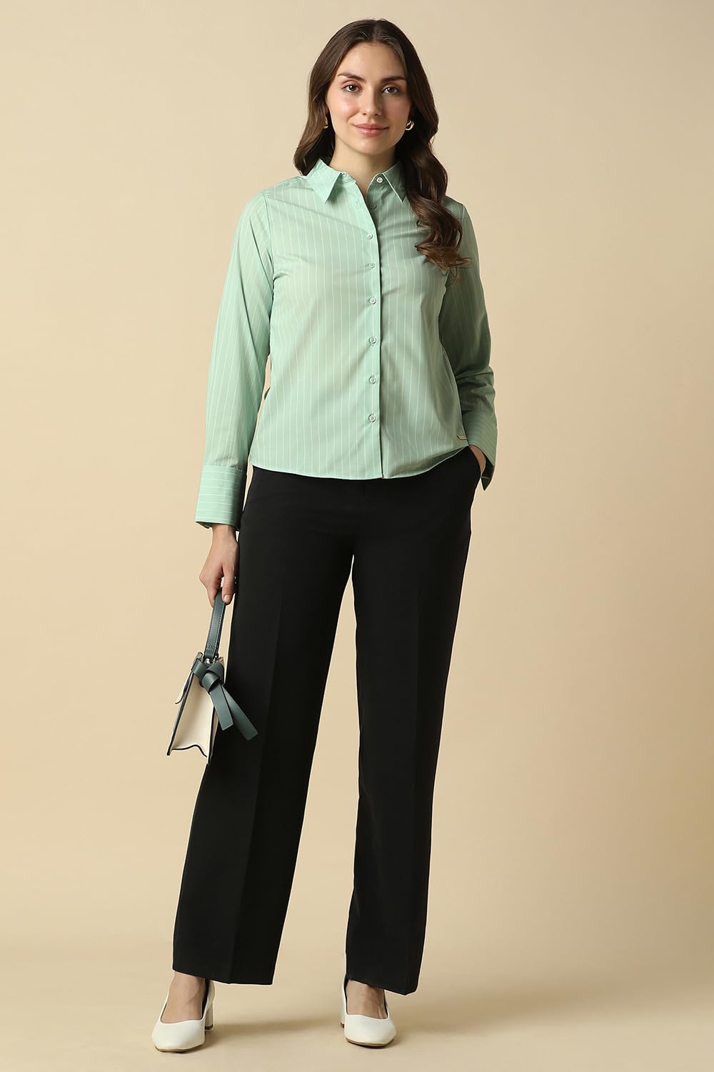 Women Green Stripe Long Sleeves Shirt