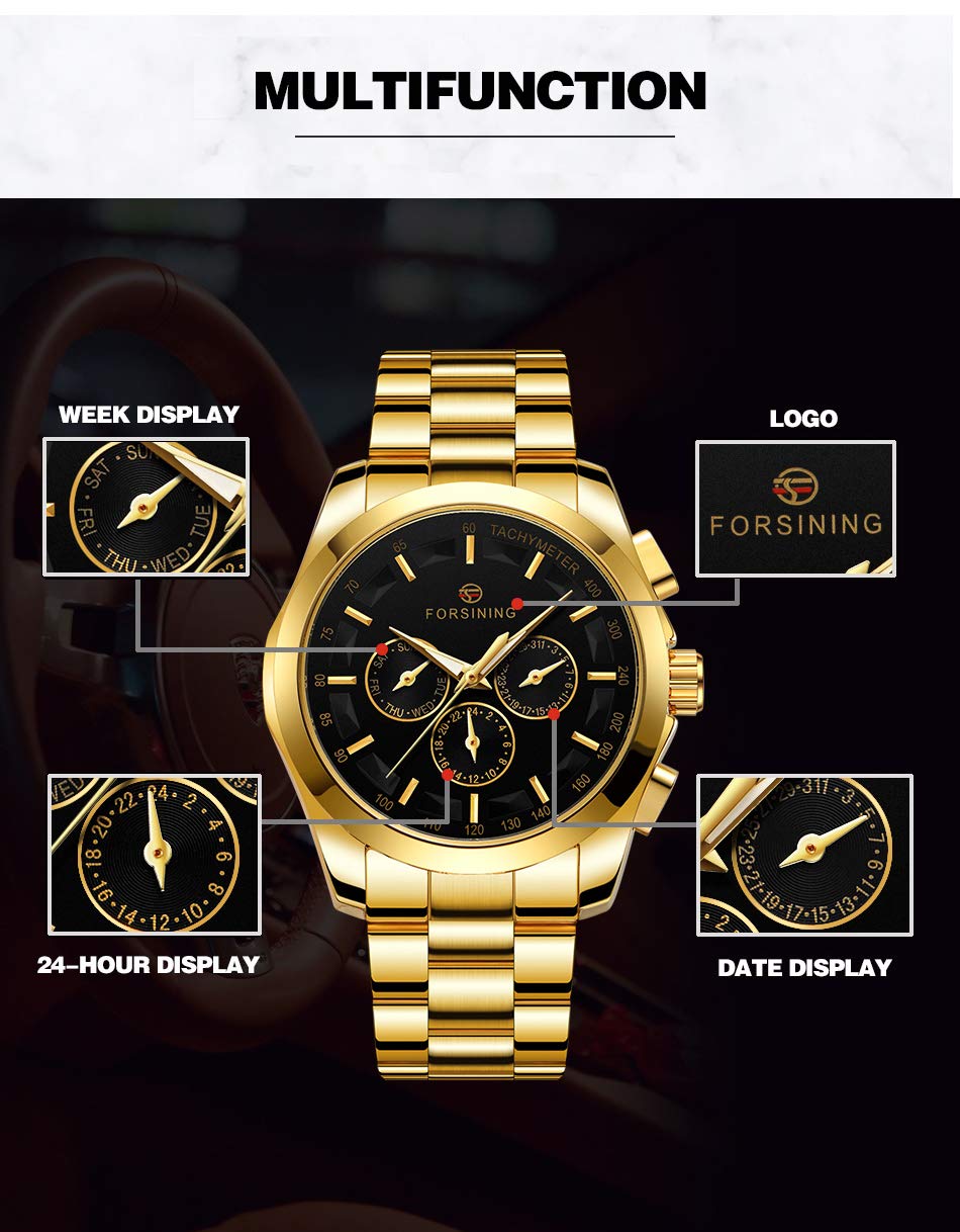 FORSINING Men's Waterproof Analog Quartz Watch Calendar Automatic Self-Wind Clock with Stainless Steel Belts Wristwatch, 1-Black and Gold, Quartz Watch