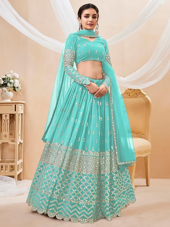TIMELESS SHOPING Wondrous Women's Indian Traditional Pure Silk Lehenga Choli With Blouse, Color Sky Blue