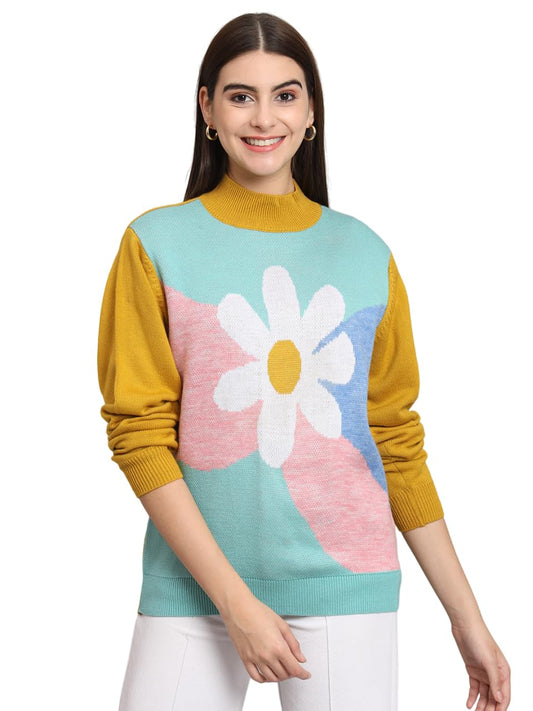 THE DRY STATE Womens Full Sleeves Round Neck Floral Colorblock Pullover Sweater