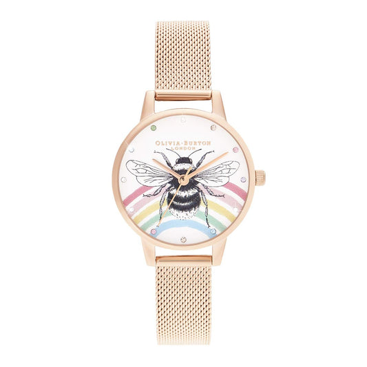 Olivia burton Illustrated Animals Qtz Basic White & Stone Dial Women's Watch|Ionic Plated Rose Gold Steel Material|Gold Color Band - OB16WL90