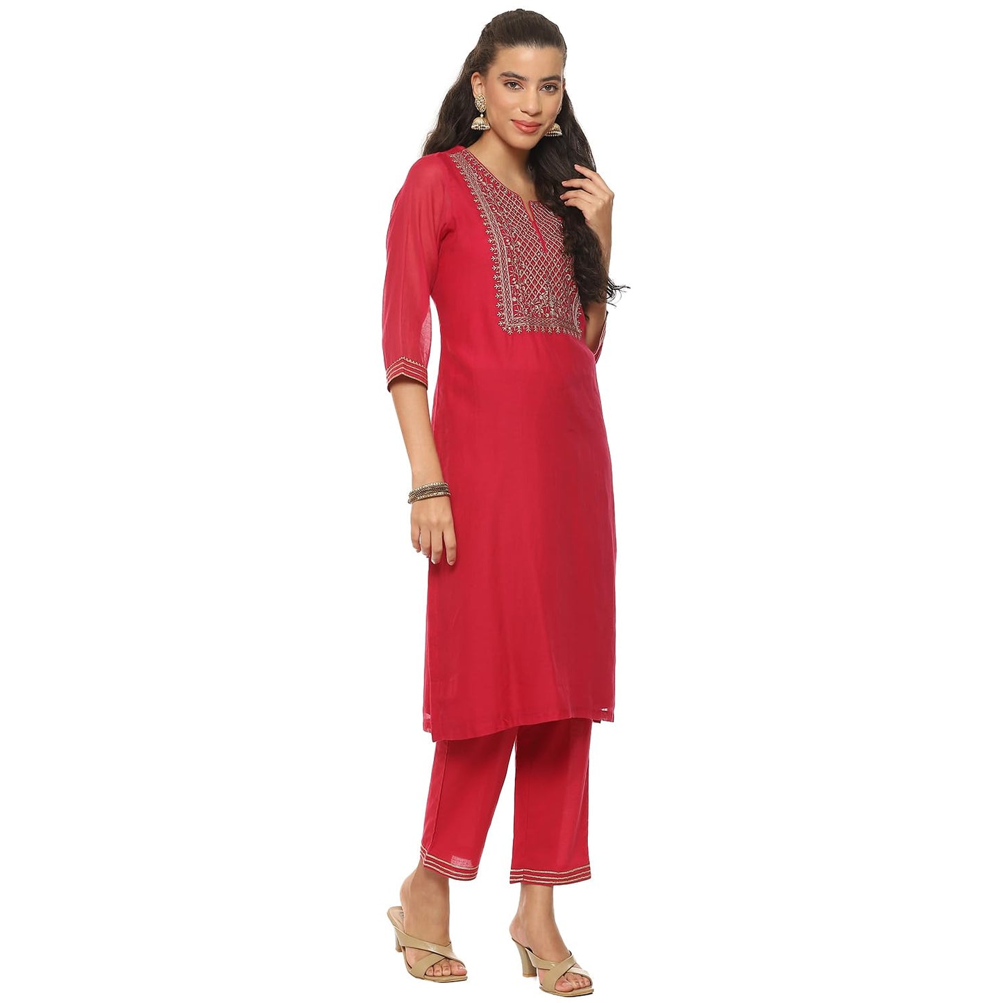 BIBA Women EMBROIDRED Straight SALWAR KURTA DUPATTA(SKDASSORTED8907_FUCHSIA_32)