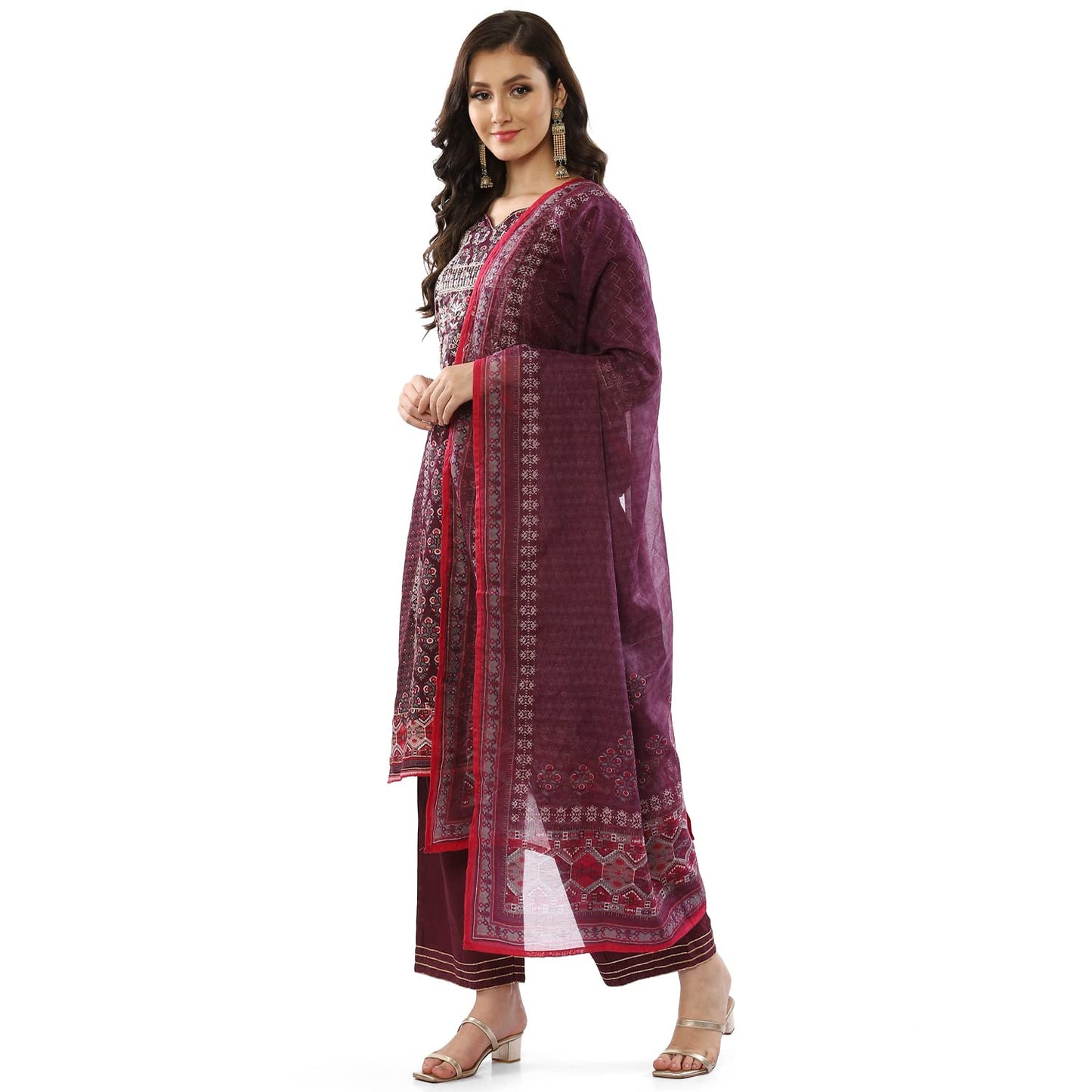 BIBA WOMEN PRINTED NARROW SALWAR KURTA DUPATTA(SKDINAYAT8188_WINE_38)