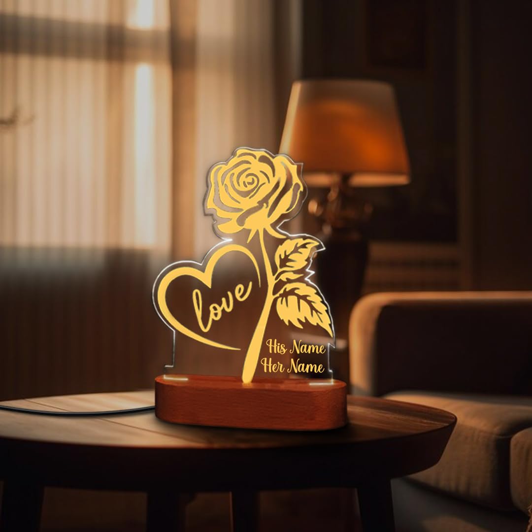 Giftana Personalized Love Rose Lamp with Name, Customized Couple Acrylic Table Lamp for Couple Gift for Anniversary, Wedding, Valentine Day, Birthday Gift for Girlfriend Boyfriend