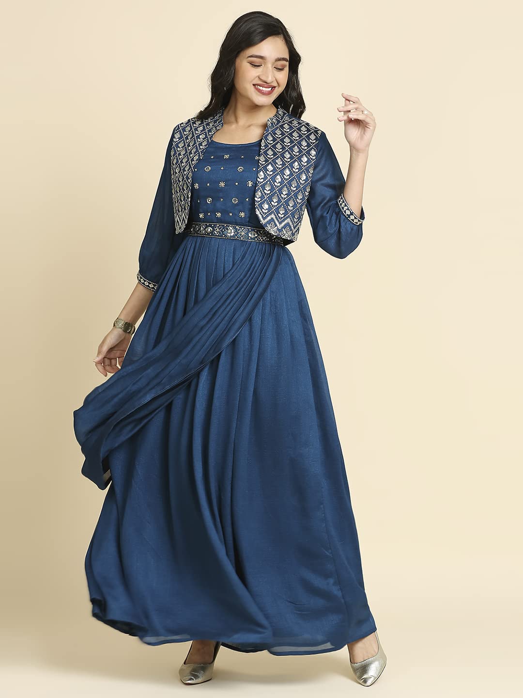 madhuram textiles Women's Long Gown For Solid Silk With Heavy Embroidery And Hand Work Belt And Jacket With Round Neck Gown(M-2424 Peacock Blue_Xx-Large)