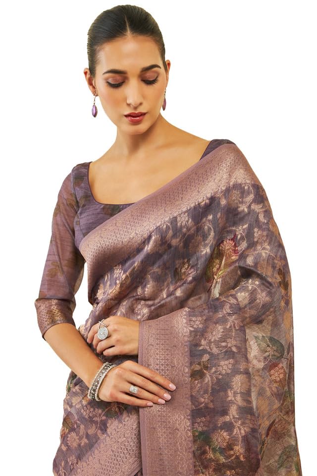 Soch Womens Purple Tussar Silk Saree With Floral Print And Zari Woven Designs