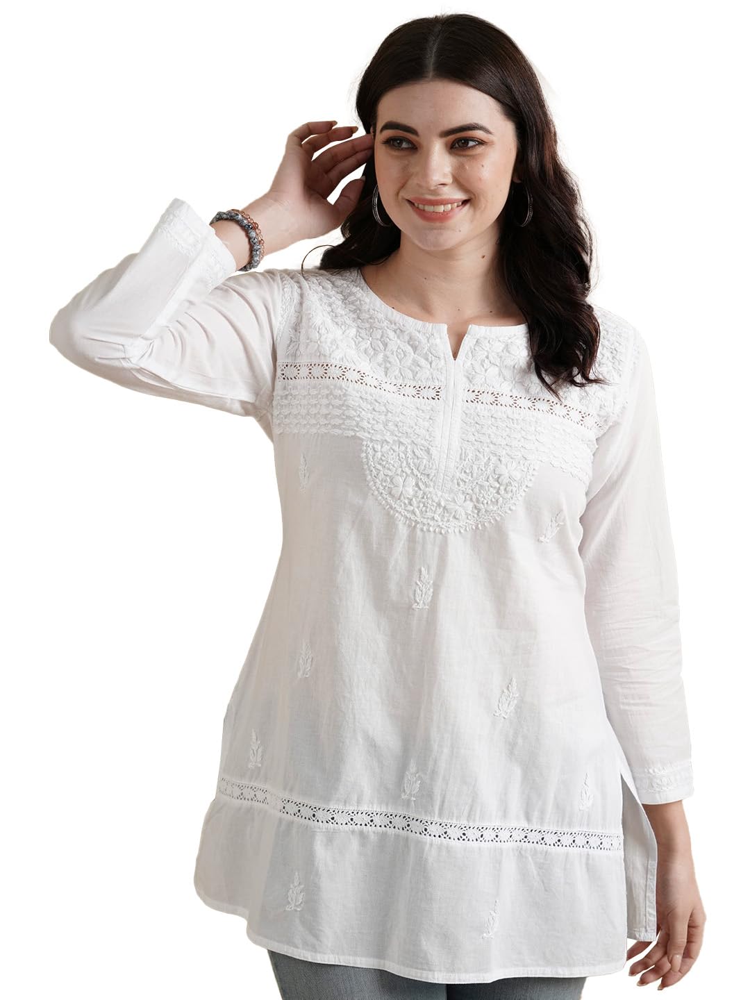 Ada Handmade Pure Cotton Lucknow Chikan Regular Fit Short Kurti for Women A100595 White (Medium)