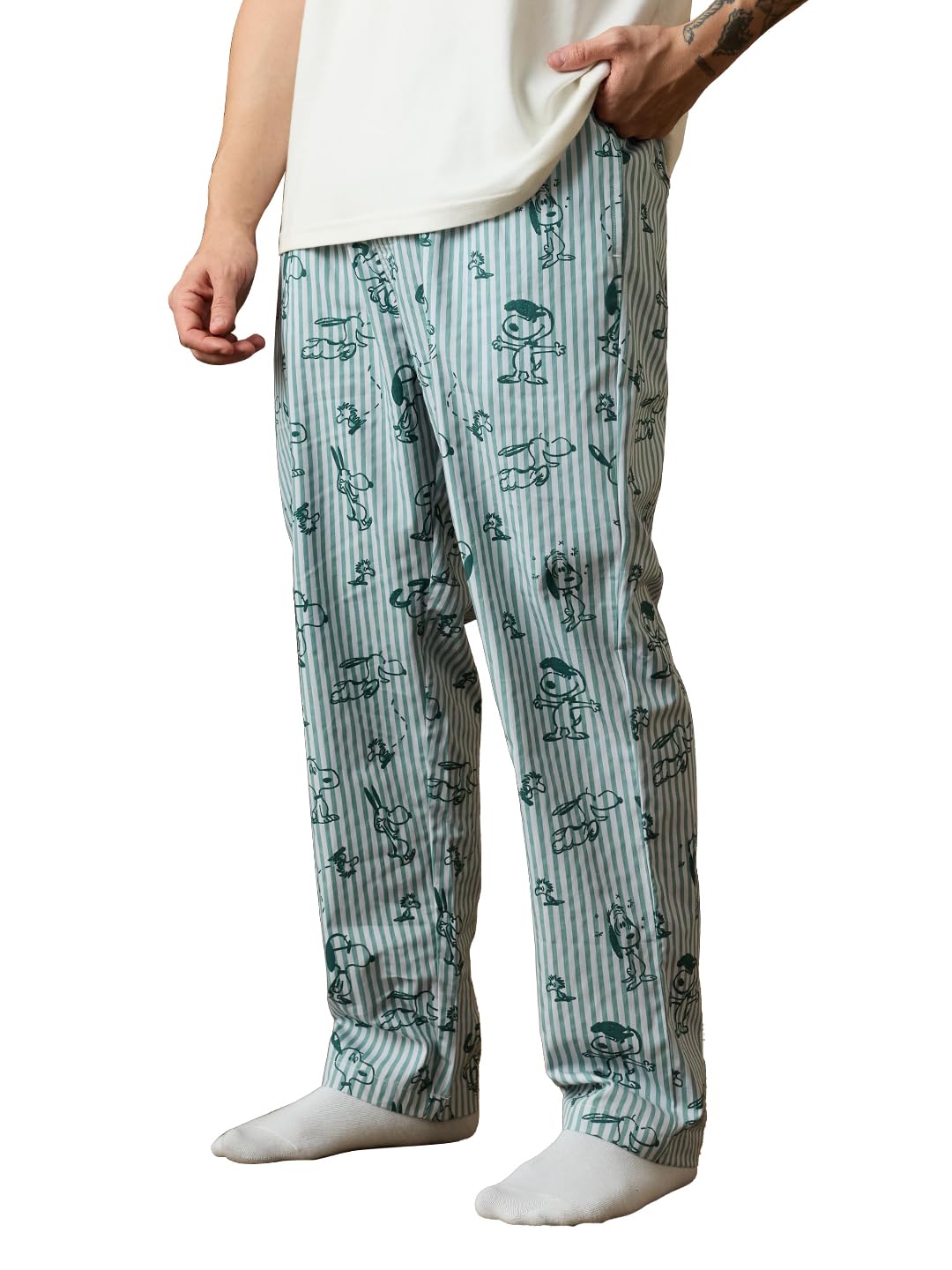 The Souled Store Peanuts: Snoopster Men and Boys Elastic Waistband Light Blue and White Striped Graphic Printed 100% Cotton Regular Fit Breathable Lightweight Lounge Pyjamas |Light Blue