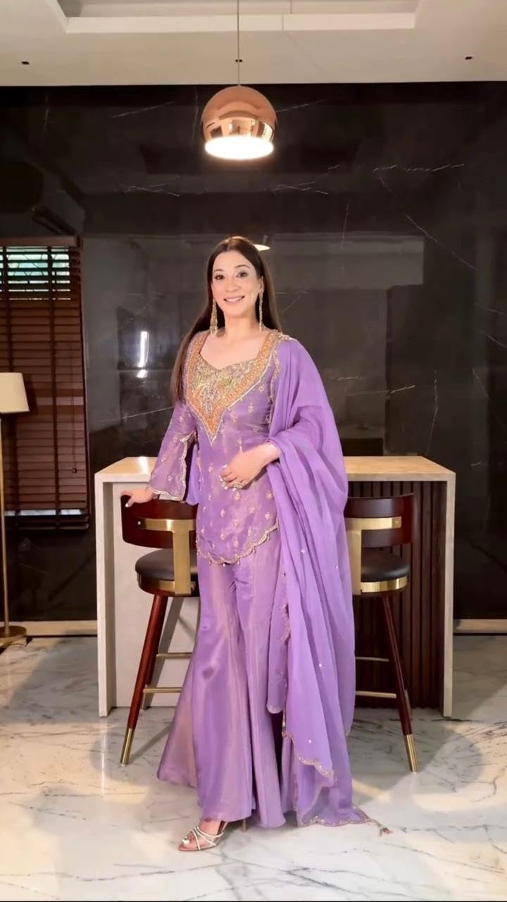 TILKI FASHION Women's Shimmer Embroidered Sharara Suit Set with Dupatta