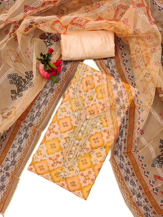VARNI FABRICS Organza Dress Material for Women Ikat Pattern Unstitched Woman Salwar Suit Dress Material with Organza Dupatta Mustard Yellow