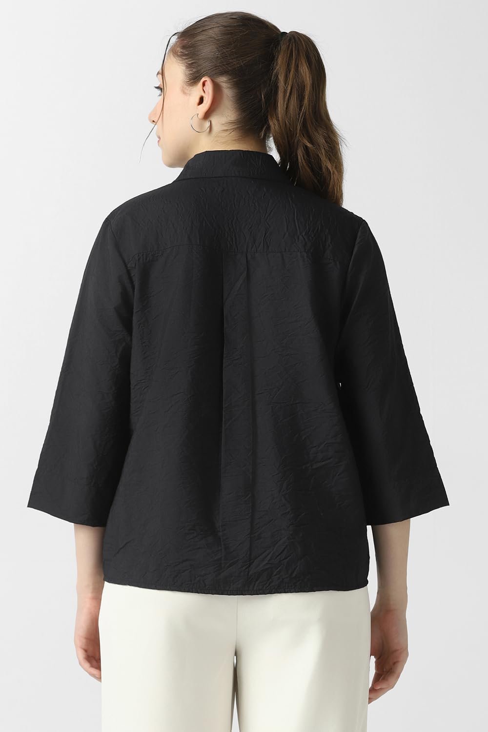 Women Black Solid Formal Stylized Neck Top