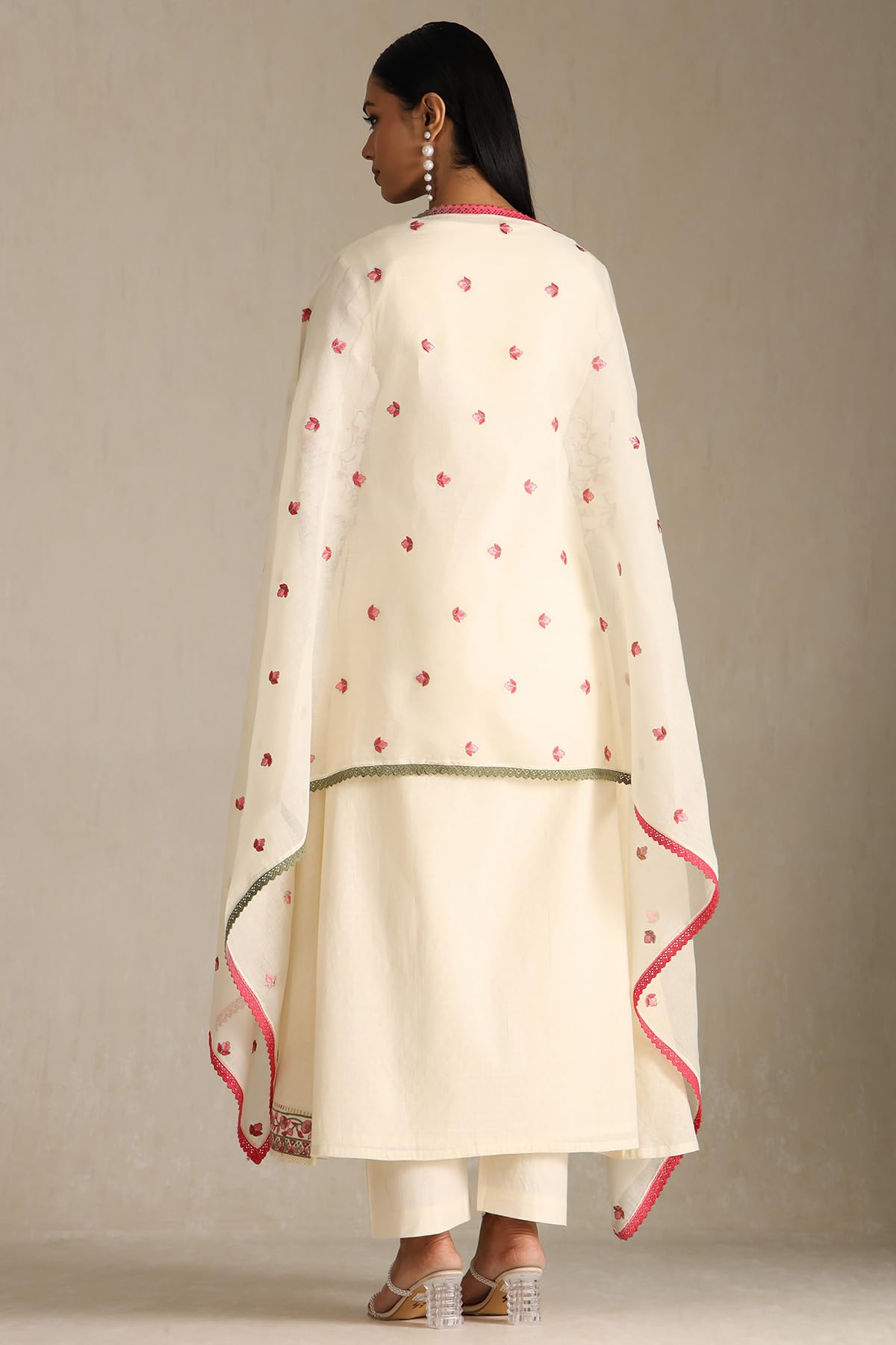 Soch Womens Off White Cotton Floral Print Suit Set With Thread Work