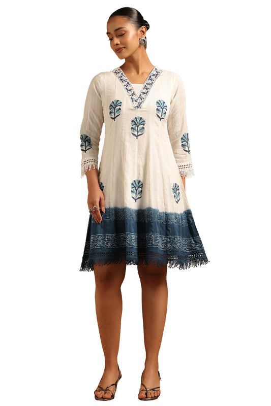 Soch Womens Off White Cotton Dobby Botanical Dress with Lace