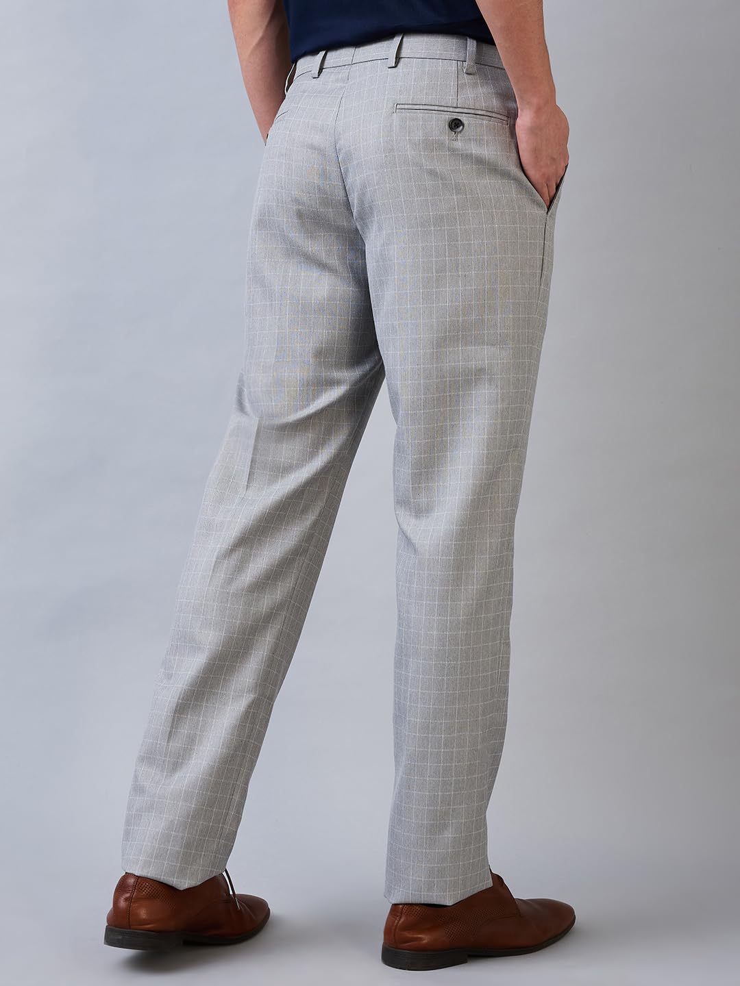 Park Avenue Men's Regular Fit Formal Trousers, Poly Viscose Blend, Checked Pattern, Mid Rise | Medium Grey