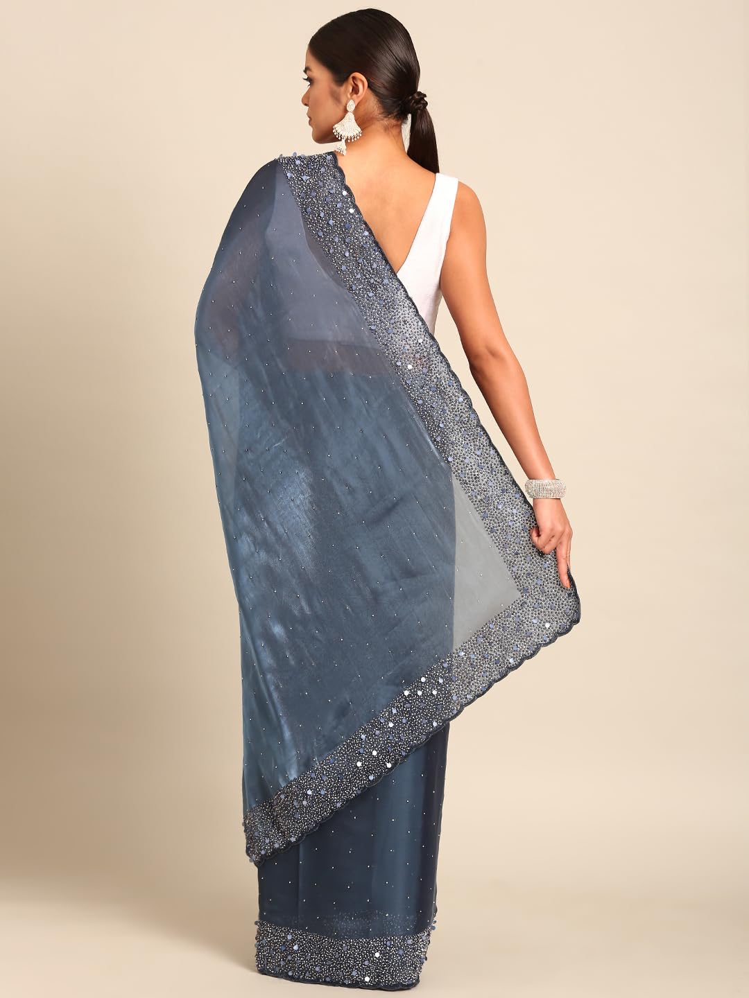 MOHEY Grey Organza Embroidery|Stone Work Saree for Women