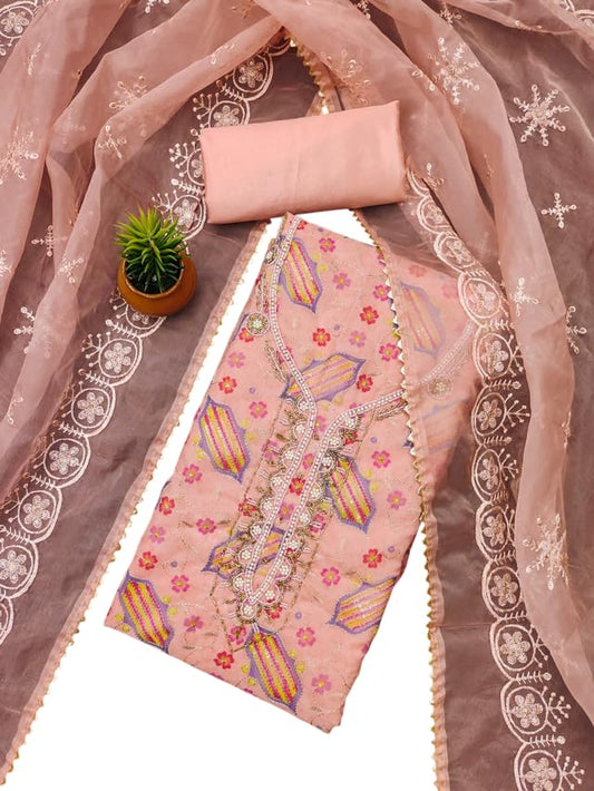 VARNI FABRICS Organza Dress Material for Women Geometric Unstitched Woman Salwar Suit Dress Material With Organza Dupatta Peach Pink