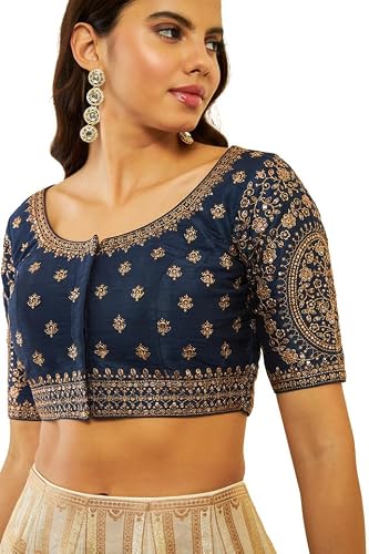 Soch Womens Navy Blue Tussar Embroidered Front-Open Blouse with Sequin Embellishments