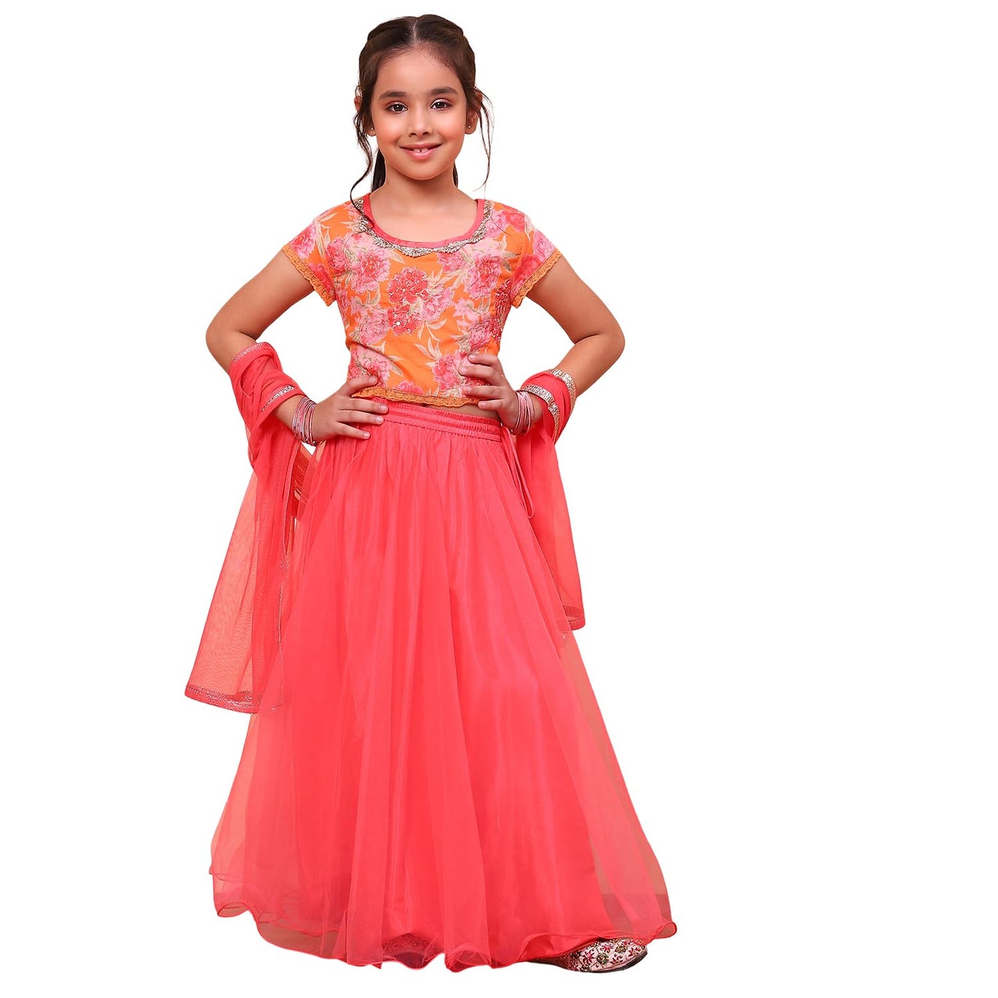 Biba Girls Orange Flared Cotton Printed Lehenga Choli set